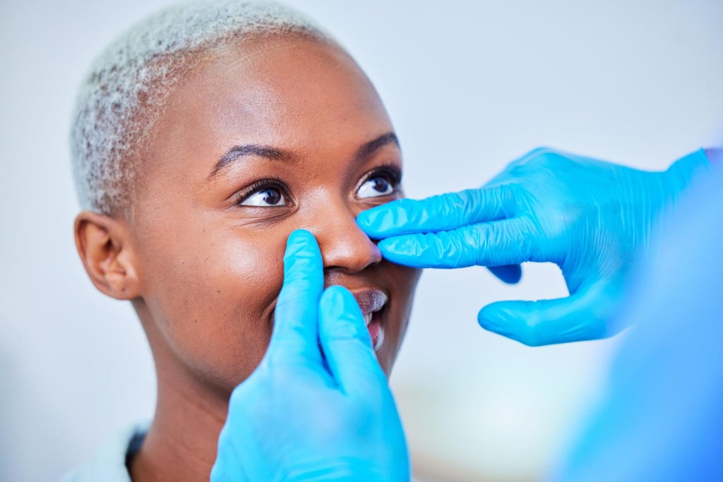 Medical professional examining woman’s nose with gloved hands during consultation