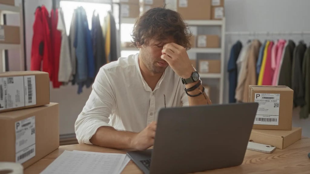 Man holding forehead while working at laptop with boxes nearby