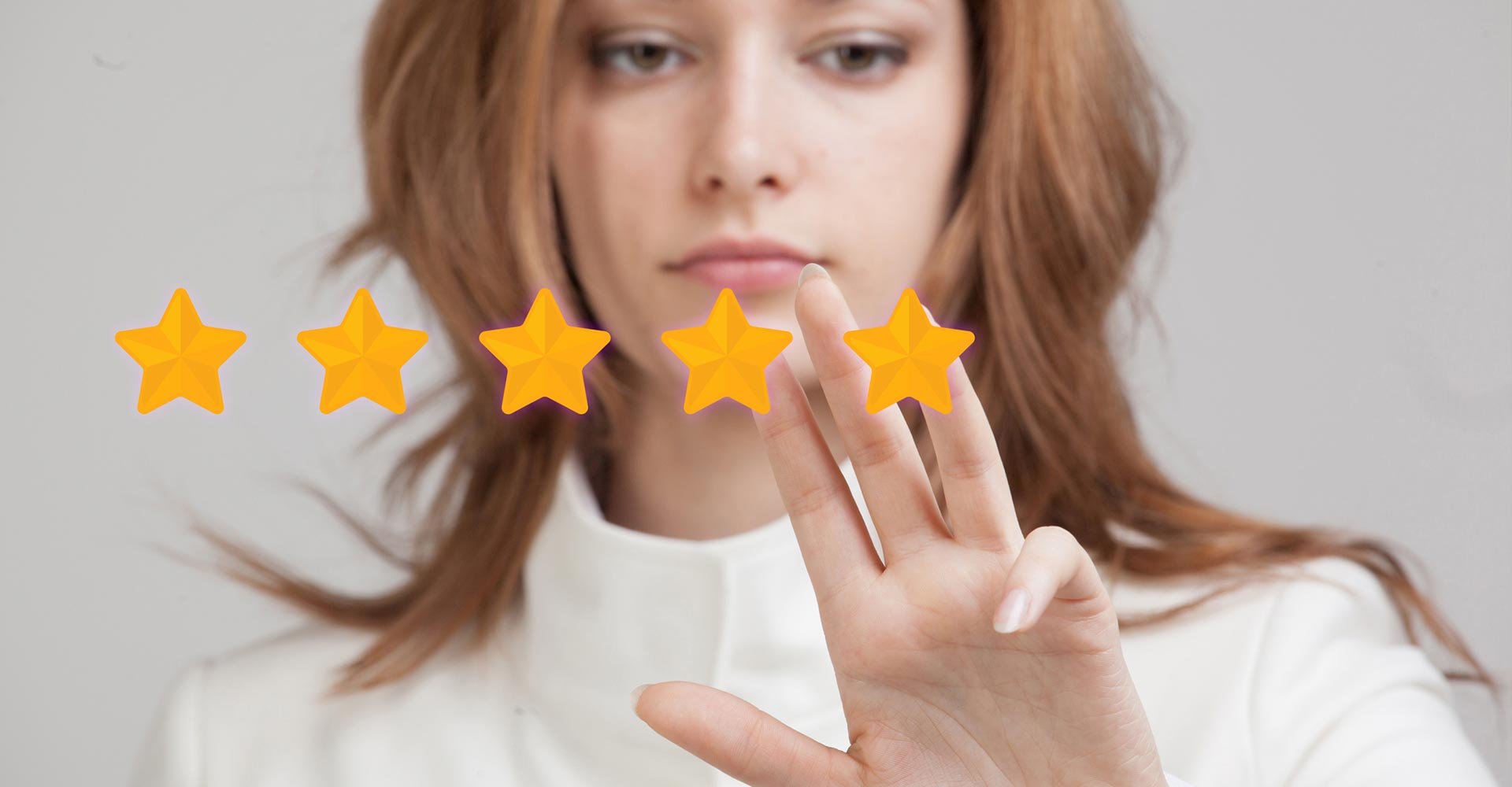 Five star rating or ranking, benchmarking concept. Woman assesses service, hotel, restaurant