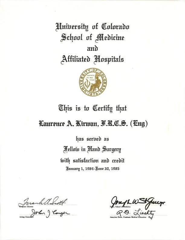Training Certificate University of Colorado Hand Surgery 1985