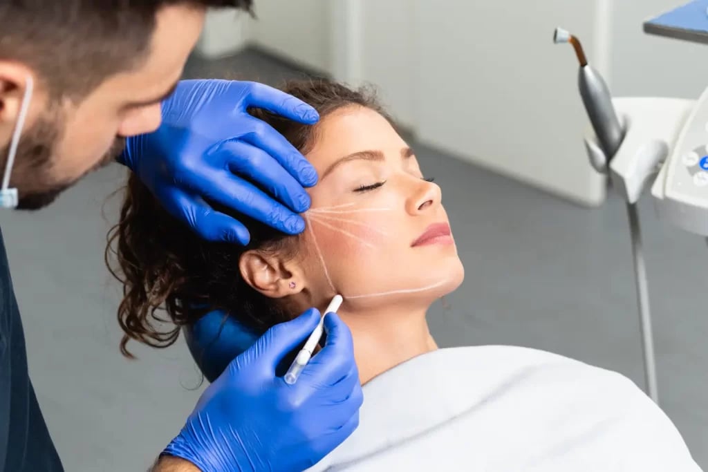 Medical professional wearing blue gloves drawing white guideline marks on a woman's face while she lies in a treatment chair.