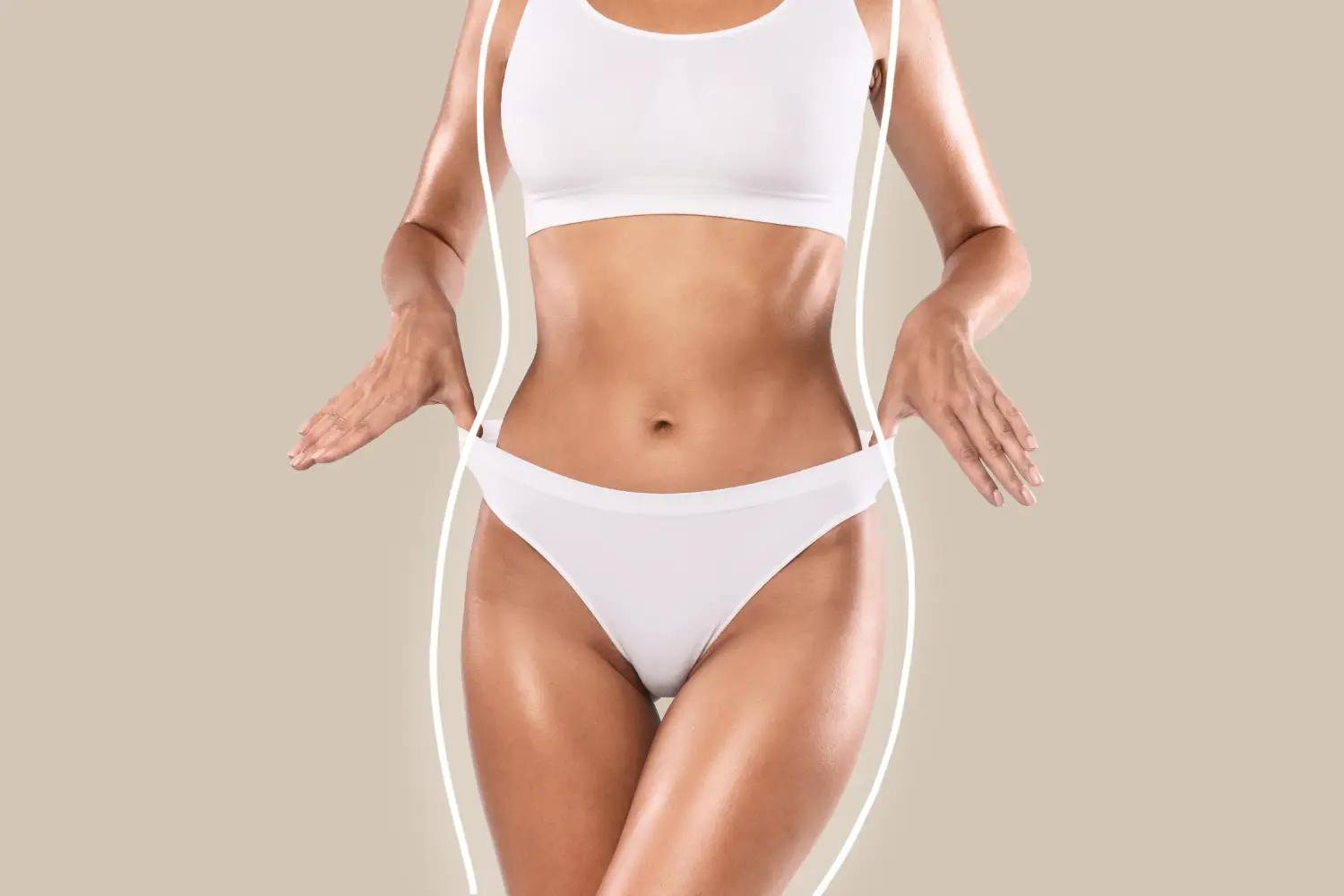 Woman in white underwear showing a toned abdomen with outline highlighting body contour.