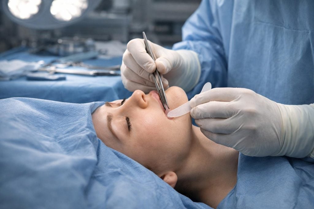Medical professional using surgical instruments on patient chin area in sterile operating room