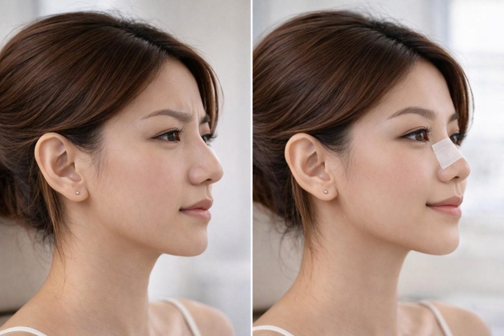 Left and right side profile images showing nose with bandage and discoloration on left and smoother appearance on right