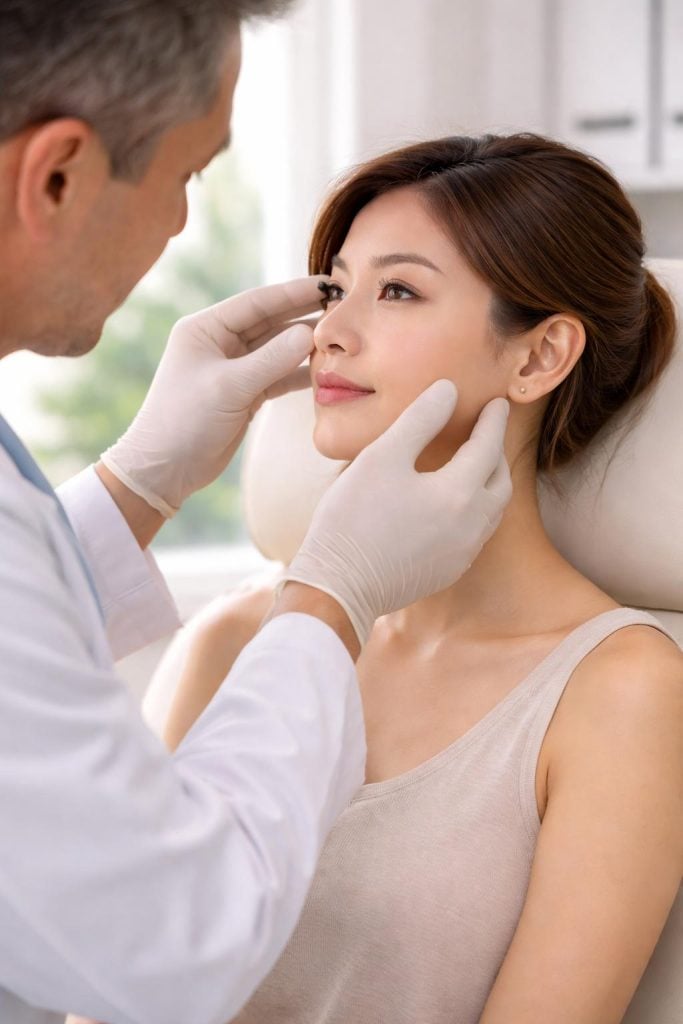 Medical professional wearing gloves examining woman's face and nose during consultation