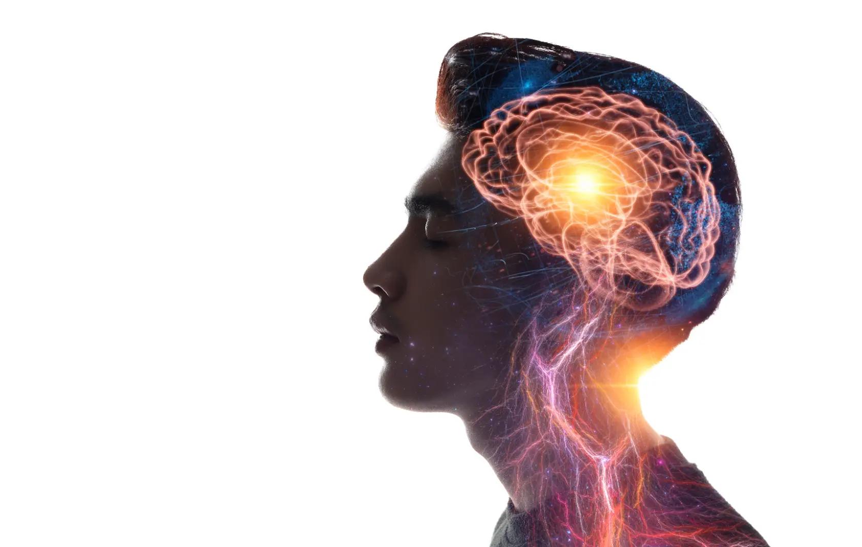 Side profile of person with glowing brain and neural illustration